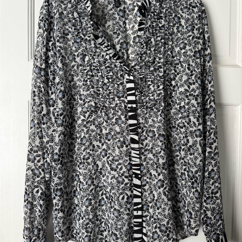 White House Black Market Floral Blouse in Black, White, and Blue
